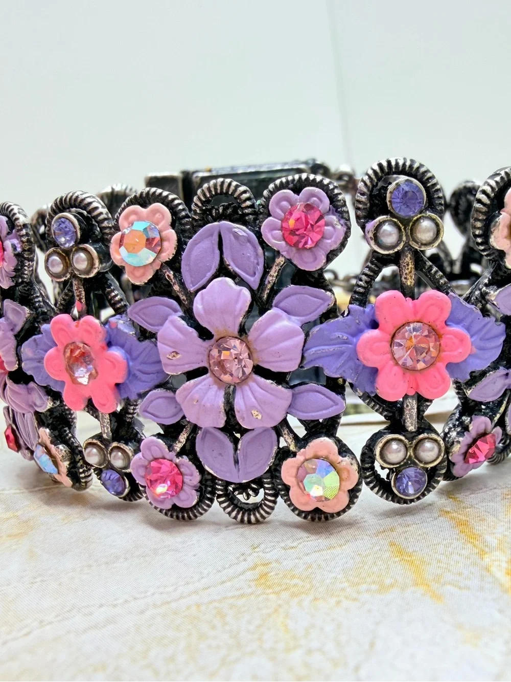 Vintage wide bracelet signet Michal Negrin,Silver purple flowers with crystal